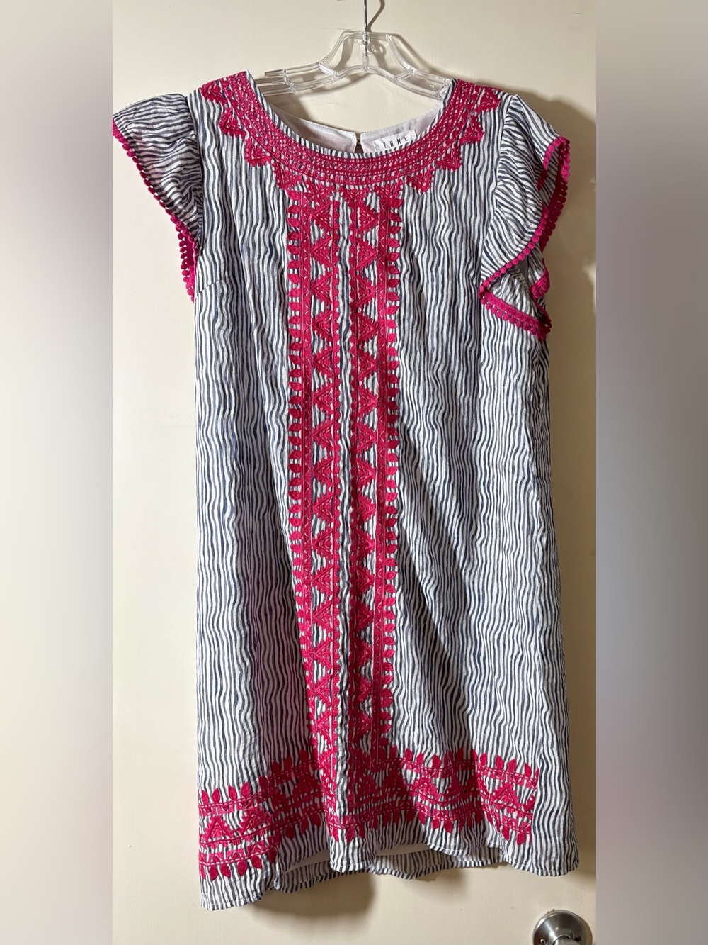 Navy Stripe Dress with Hot Pink Embroidery